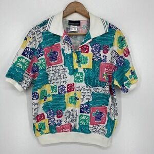 Donnkenny Vintage Womens Small Abstract Print Polo Top Multi-Color 90s